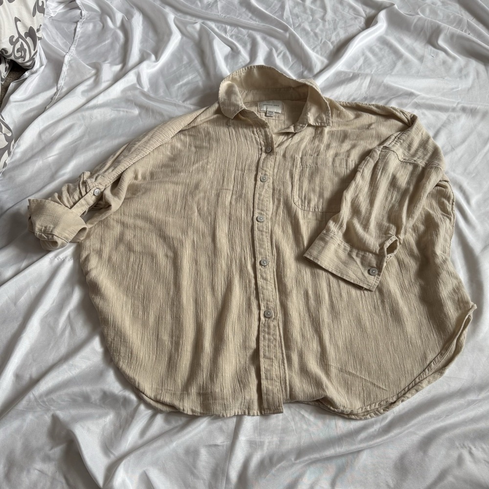 American Eagle Men's‎ Crinkle Cotton Button-Up Shirt Beige Long Sleeve Size S